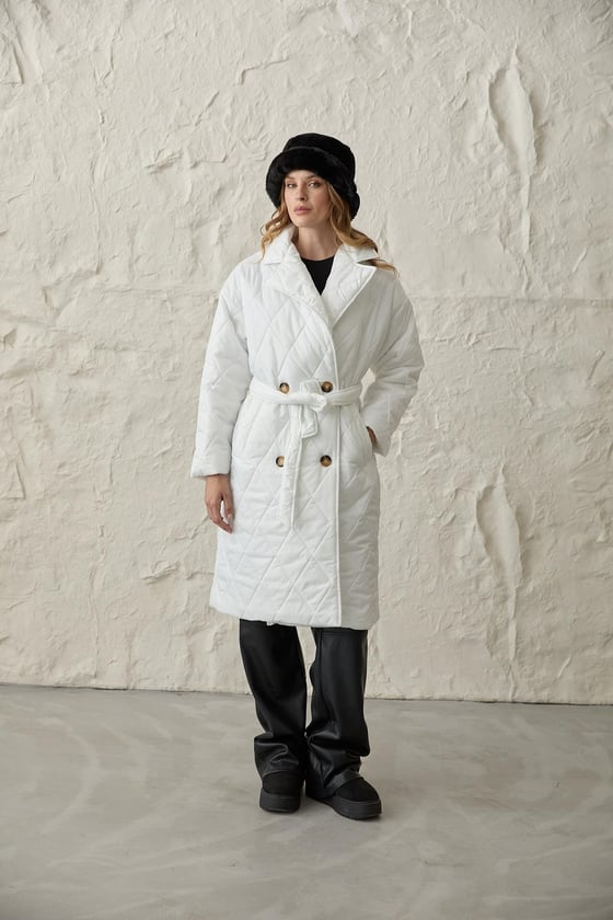 M28-5623-EKRU-LLEVUREDış GiyimCeket Yaka Beli Kuşaklı Kapitone Uzun Kadın Mont EKRU