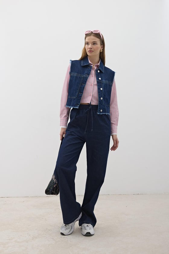 Y28-9066-KARYIKAMA-LLEVUREDış GiyimCep Detaylı Kolsuz Kot Yelek KAR YIKAMA