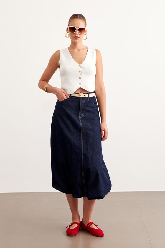 E28-6211-RİNSYIKAMA-LLEVUREAlt GiyimCep Detaylı Kot Balon Etek RİNS YIKAMA