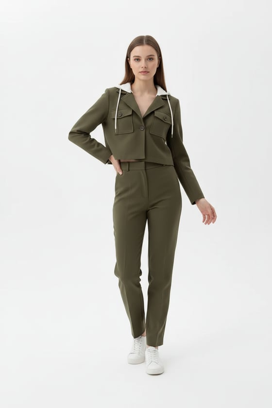 C28-5904-HAKİ-LLEVUREDış GiyimÇıkma Kapişonlu Spor Ceket HAKİ