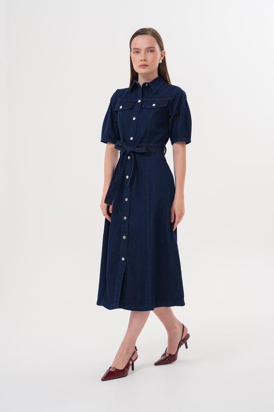 E28-7334-RİNSYIKAMA-LLEVUREÜst GiyimÇıt Çıt Detaylı Beli Kuşaklı Elbise RİNS YIKAMA