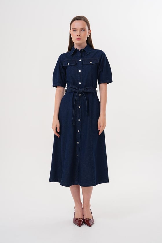 E28-7334-RİNSYIKAMA-LLEVUREÜst GiyimÇıt Çıt Detaylı Beli Kuşaklı Elbise RİNS YIKAMA