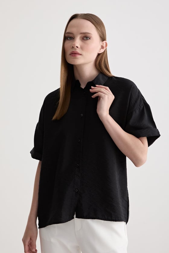 G27-4816-SİYAHLEVUREÜst GiyimDuble Kollu Oversize Modal Gömlek SİYAH