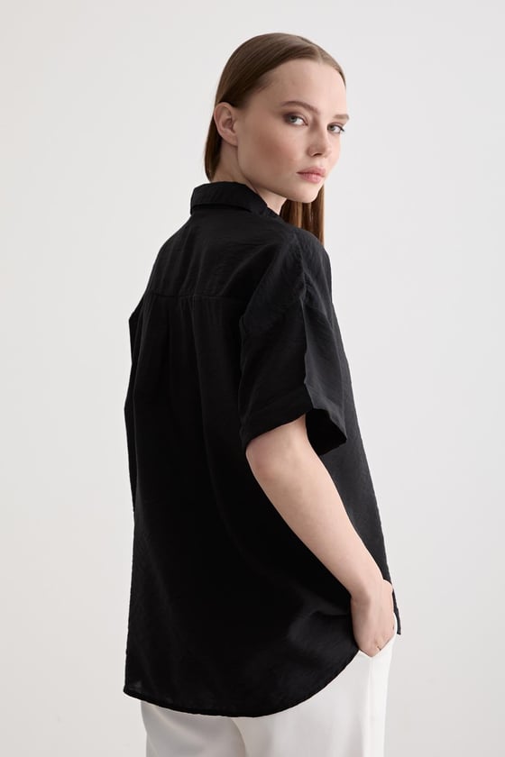 G27-4816-SİYAHLEVUREÜst GiyimDuble Kollu Oversize Modal Gömlek SİYAH