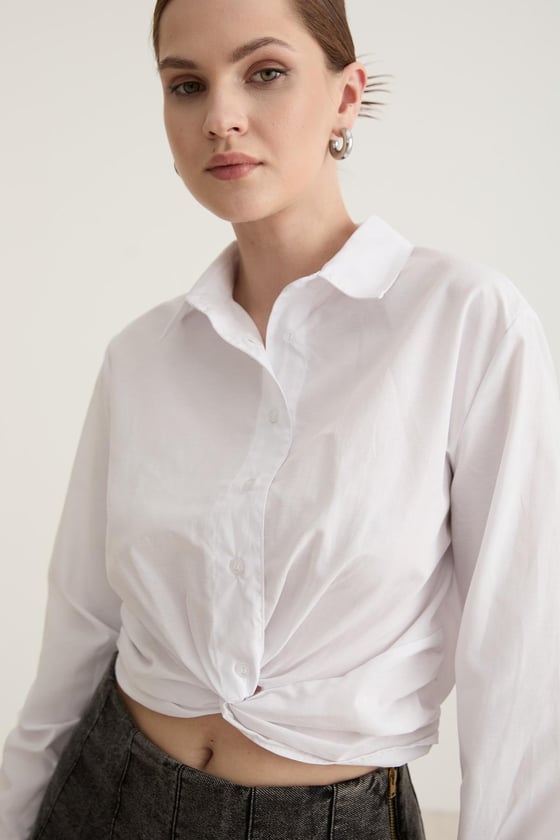 Düğme Detaylı Crop Bağlamalı Gömlek BEYAZ
