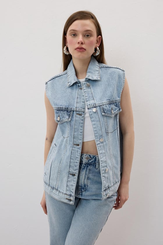 Y28-9080-KARYIKAMA-LLEVUREDış GiyimDüğme Detaylı Kot Yelek KAR YIKAMA