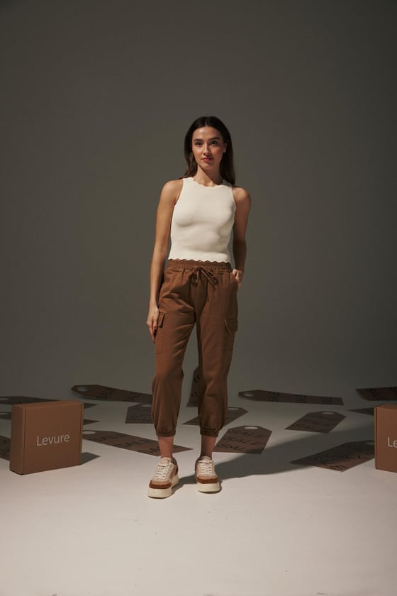 P27-3162-L-TABALEVUREPANTOLONGabardin Beli Lastik Kadın Pantalon TABA