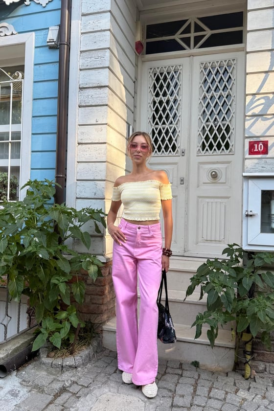 B28-4999-SARI-STDLEVUREÜst GiyimGipeli Kısa Kollu Bluz SARI