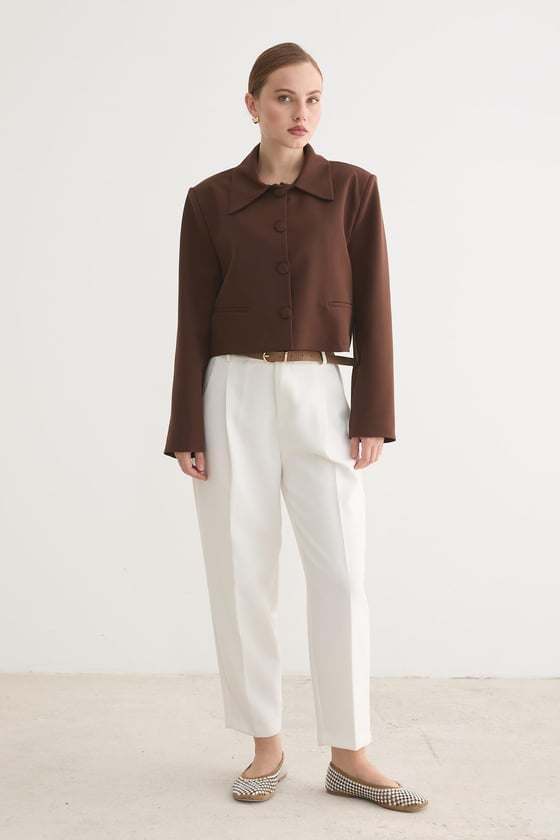 C28-5857-KAHVE-LLEVUREDış GiyimHÜRREM KUMAŞ KADIN CEKET KAHVE