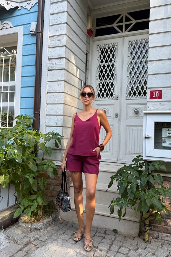 B28-4870*-BORDO-LLEVUREÜst GiyimKadın Askılı Oversize Bluz BORDO