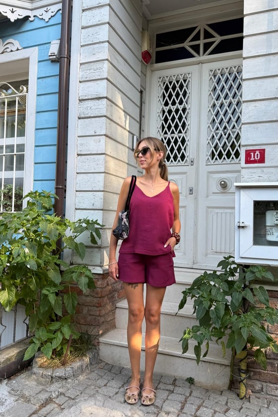 B28-4870*-BORDO-LLEVUREÜst GiyimKadın Askılı Oversize Bluz BORDO