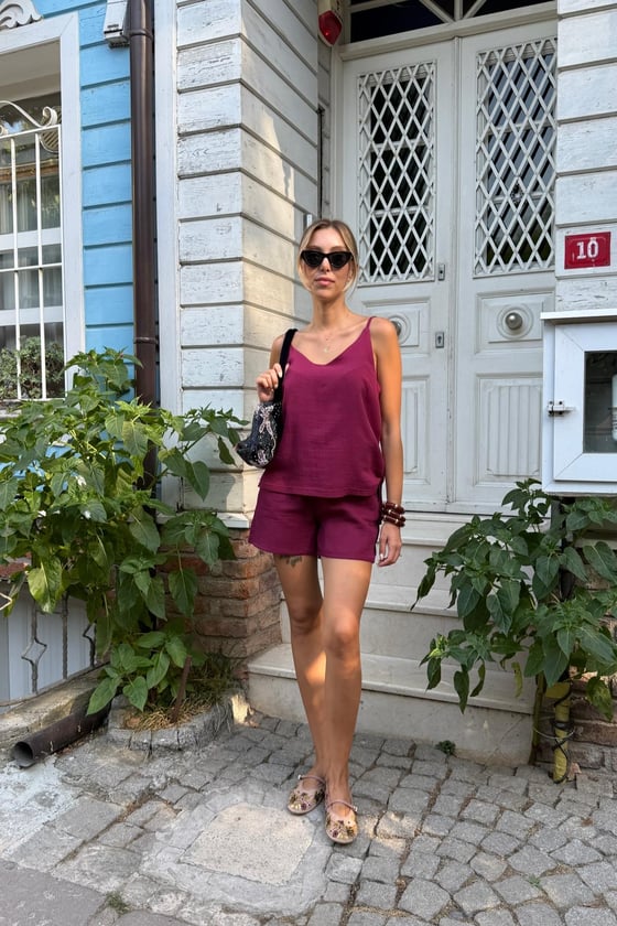 B28-4870*-BORDO-LLEVUREÜst GiyimKadın Askılı Oversize Bluz BORDO