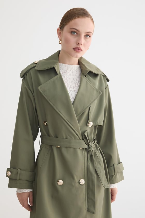 T28-8141-HAKİ-LLEVUREDış GiyimKadın Bağlamalı Uzun Trençkot HAKİ