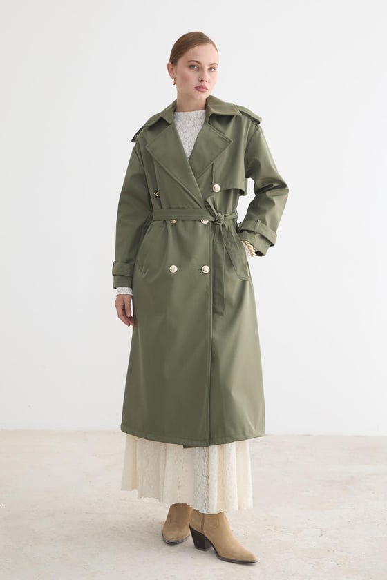 T28-8141-HAKİ-LLEVUREDış GiyimKadın Bağlamalı Uzun Trençkot HAKİ
