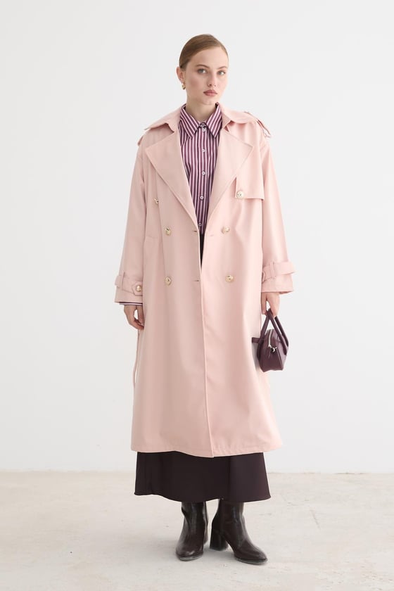 T28-8141-PUDRA-SLEVUREDış GiyimKadın Bağlamalı Uzun Trençkot PUDRA