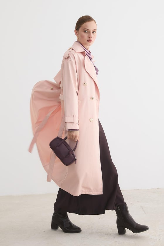 T28-8141-PUDRA-SLEVUREDış GiyimKadın Bağlamalı Uzun Trençkot PUDRA