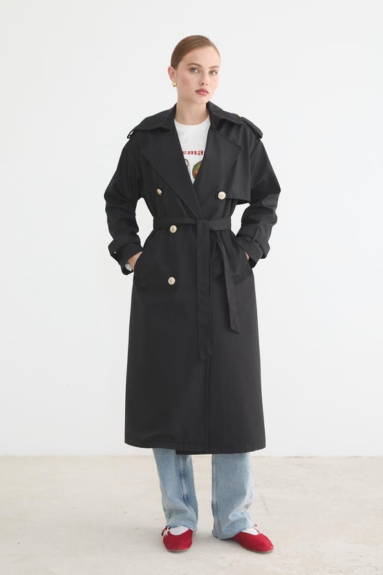 T28-8141-SİYAH-LLEVUREDış GiyimKadın Bağlamalı Uzun Trençkot SİYAH