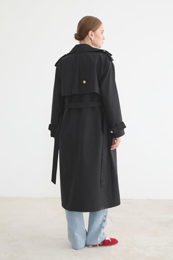 T28-8141-SİYAH-LLEVUREDış GiyimKadın Bağlamalı Uzun Trençkot SİYAH