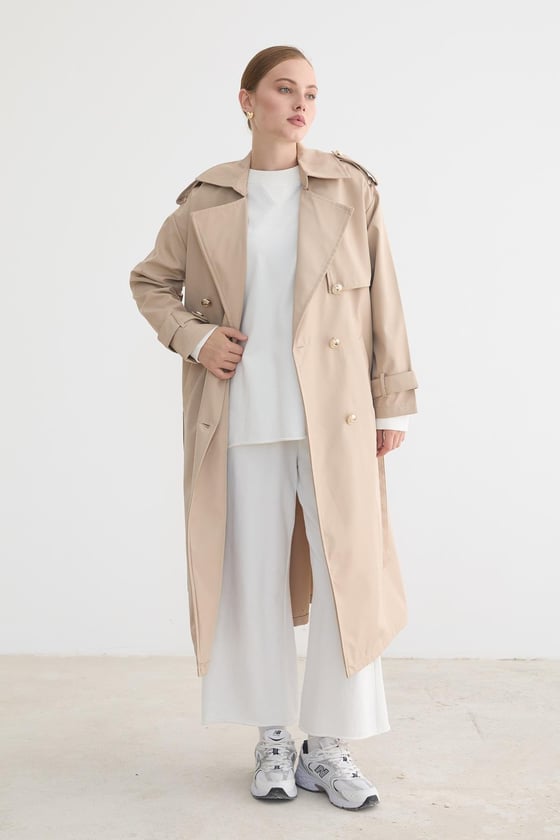 T28-8141-TAŞ-LLEVUREDış GiyimKadın Bağlamalı Uzun Trençkot TAŞ