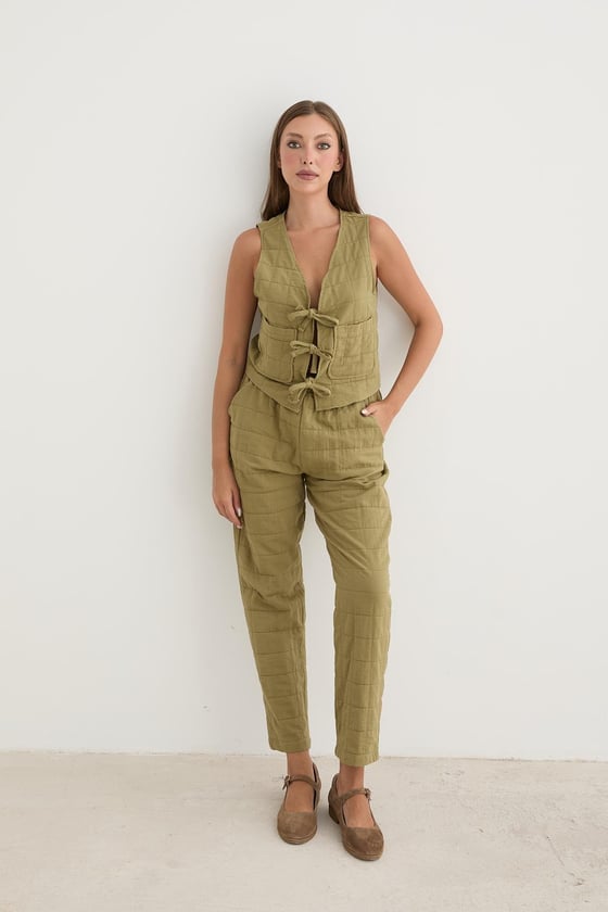 P28-3475-HAKİ-LLEVUREAlt GiyimKadın Beli Kordon Detaylı Desenli Kapitone Pantolon HAKİ