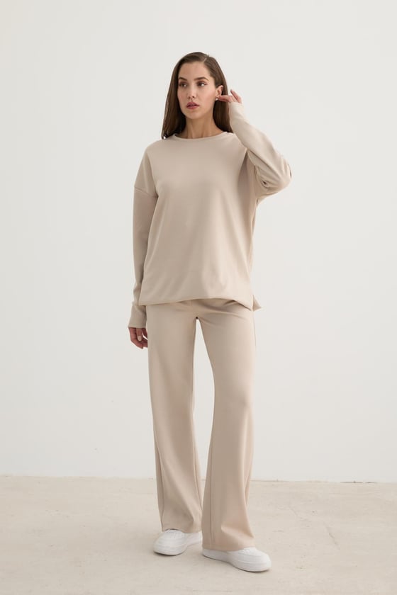 S28-2219-TAŞ-LLEVUREKadın Bisiklet Yaka Oversize Sweatshirt TAŞ