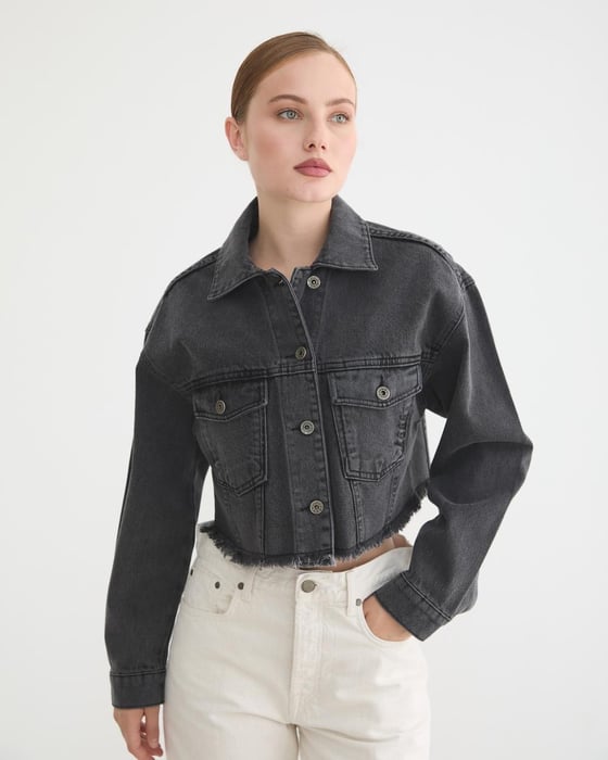 M28-5707-BLACK-LLEVUREDış GiyimKadın Crop Black Denim Ceket BLACK