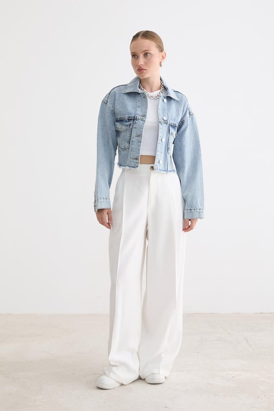 M28-5706-KARYIKAMA-LLEVUREDış GiyimKadın Crop Denim Ceket KAR YIKAMA