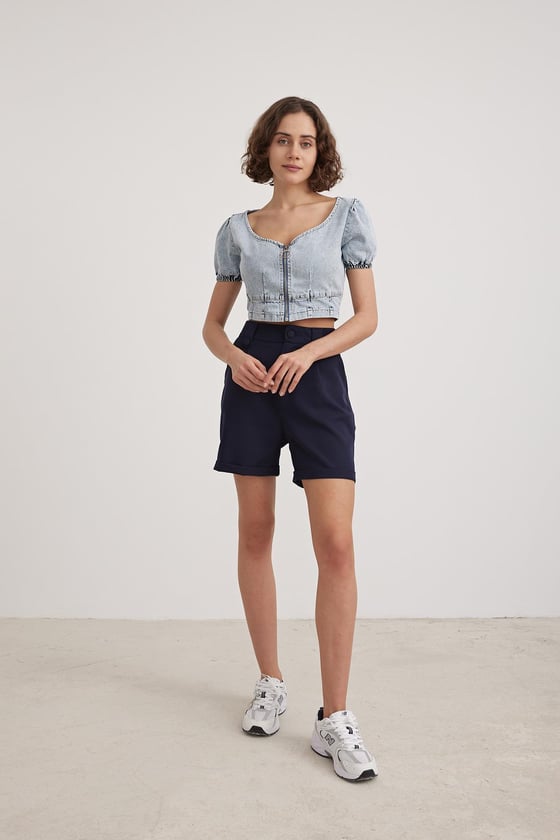 Kadın Fermuarlı Crop Kot Bluz BLUE