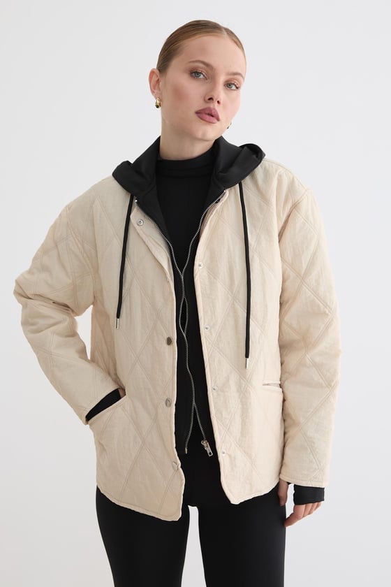 M28-5841**-TAŞ-LLEVUREDış GiyimKadın Kapüşonlu Garni Detaylı Kapitone Mont TAŞ