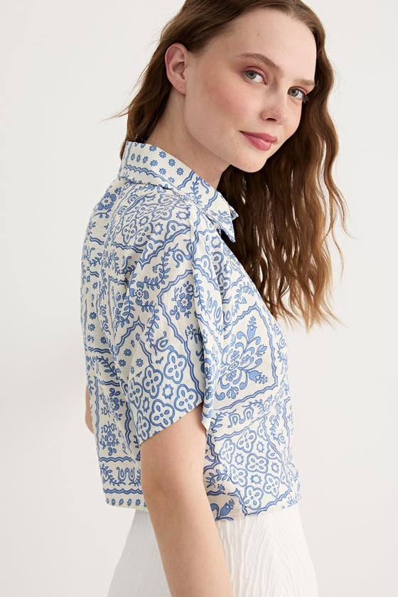 G27-4852-MAVİ-LLEVUREÜst GiyimKadın Kısa Kollu Desenli Modal Gömlek MAVİ