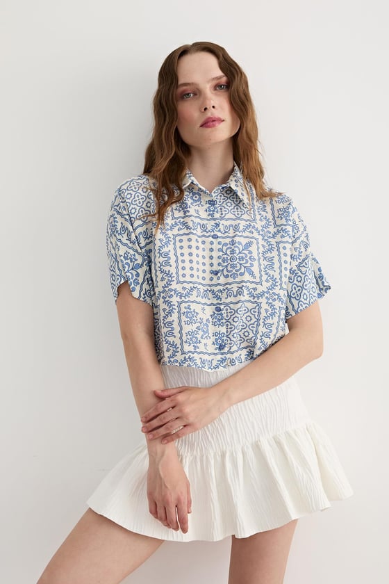 G27-4852-MAVİ-LLEVUREÜst GiyimKadın Kısa Kollu Desenli Modal Gömlek MAVİ