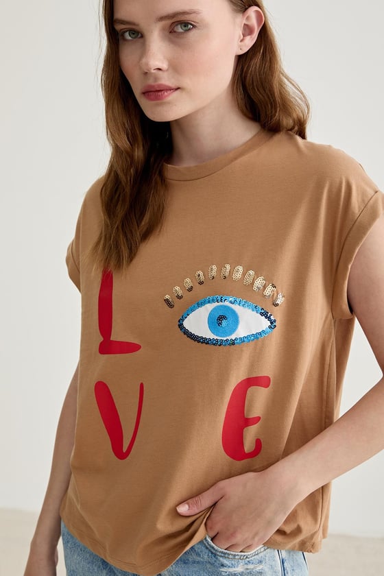 Kadın Love Baskılı Basic Tshirt BİSKÜVİ
