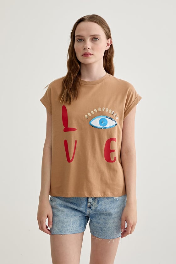 Kadın Love Baskılı Basic Tshirt BİSKÜVİ