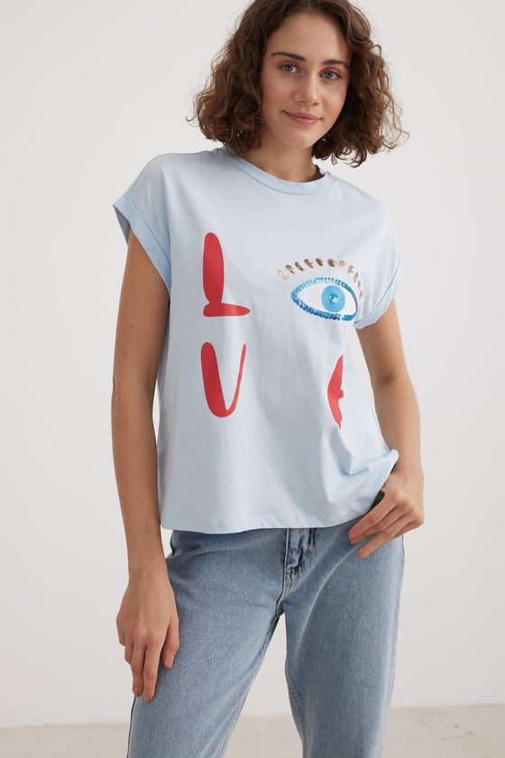 T27-2194-L-MAVİLEVURETest KategoriKadın Love Baskılı Basic Tshirt MAVİ