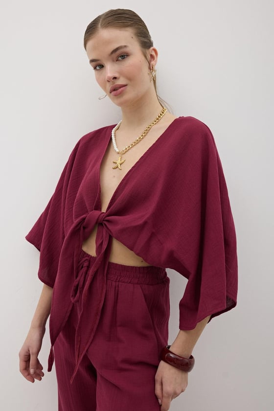 G28-4729*-BORDO-LLEVUREÜst GiyimKadın Müslin Bağlamalı Bluz BORDO