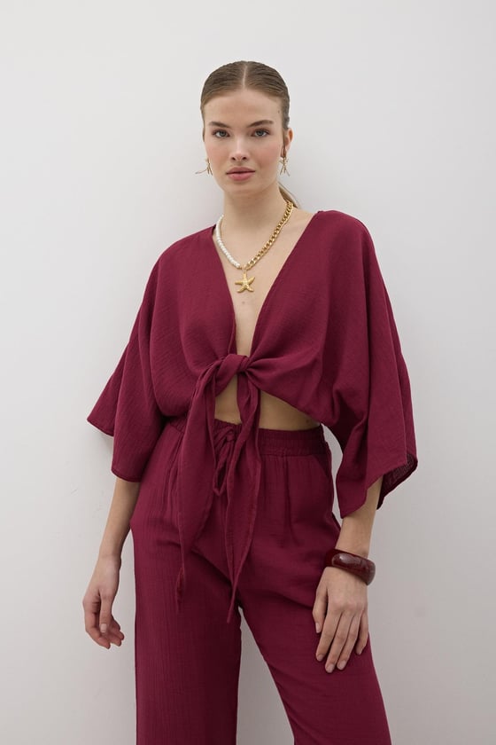 G28-4729*-BORDO-MLEVUREÜst GiyimKadın Müslin Bağlamalı Bluz BORDO