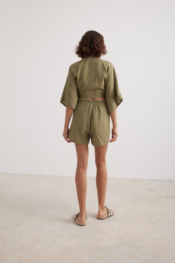 G28-4729*-HAKİ-LLEVUREÜst GiyimKadın Müslin Bağlamalı Bluz HAKİ