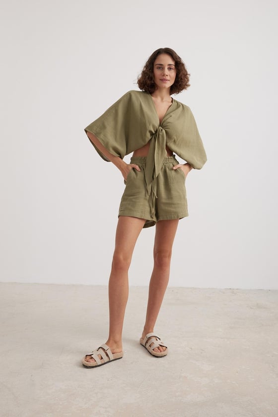 G28-4729*-HAKİ-LLEVUREÜst GiyimKadın Müslin Bağlamalı Bluz HAKİ