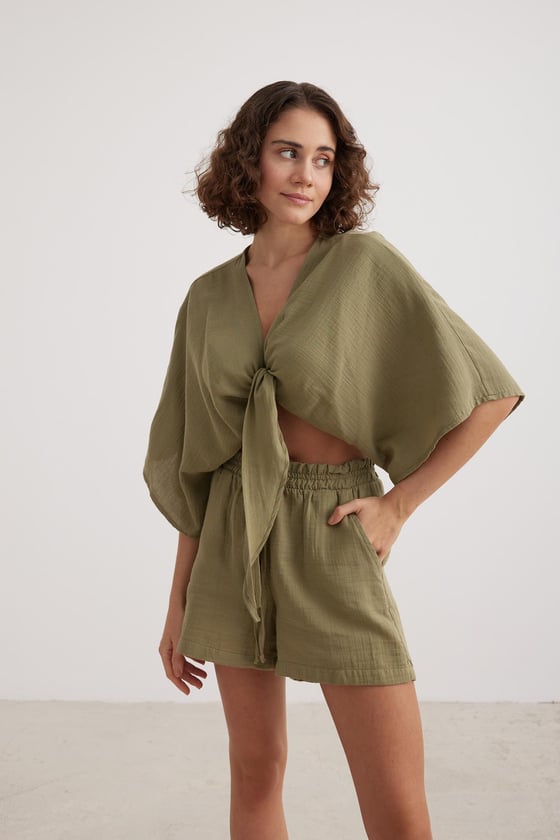 G28-4729*-HAKİ-LLEVUREÜst GiyimKadın Müslin Bağlamalı Bluz HAKİ