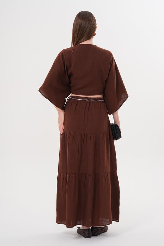 G28-4729*-KAHVE-LLEVUREÜst GiyimKadın Müslin Bağlamalı Bluz KAHVE