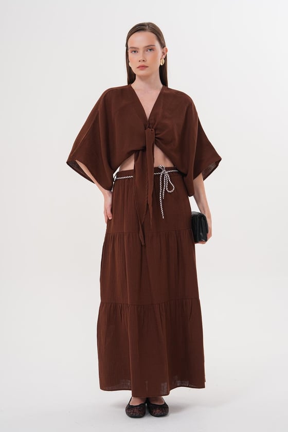 G28-4729*-KAHVE-LLEVUREÜst GiyimKadın Müslin Bağlamalı Bluz KAHVE