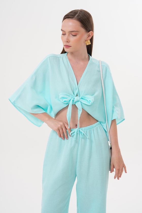 G28-4729*-MİNT-LLEVUREÜst GiyimKadın Müslin Bağlamalı Bluz MİNT