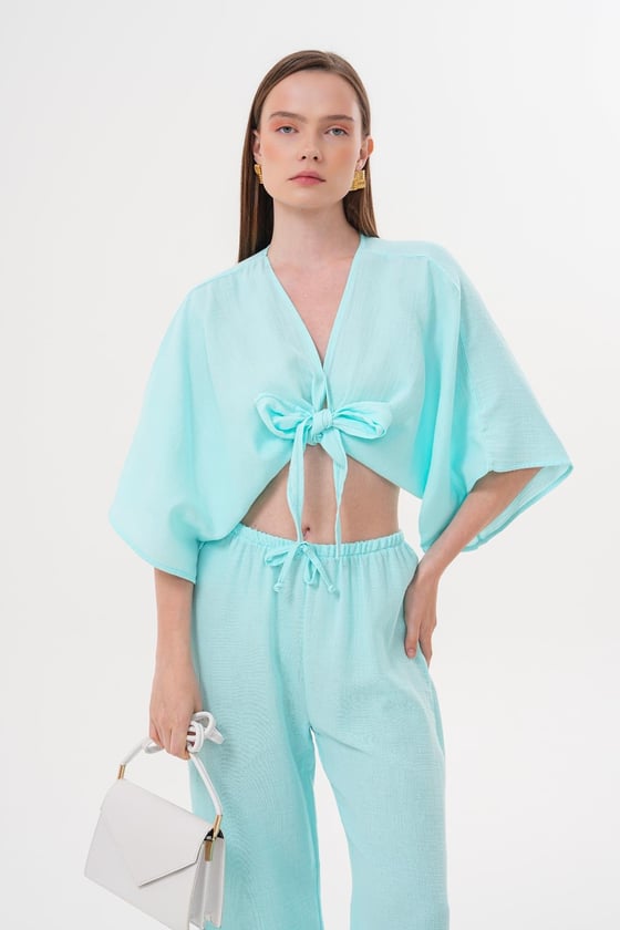 G28-4729*-MİNT-LLEVUREÜst GiyimKadın Müslin Bağlamalı Bluz MİNT