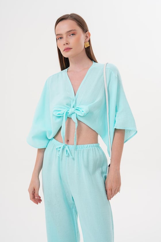 G28-4729*-MİNT-LLEVUREÜst GiyimKadın Müslin Bağlamalı Bluz MİNT