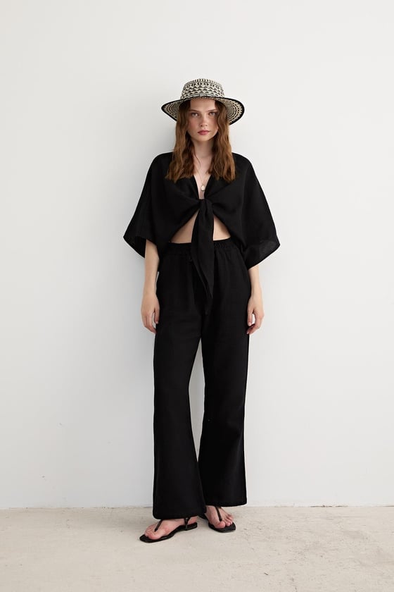 G28-4729*-SİYAH-LLEVUREÜst GiyimKadın Müslin Bağlamalı Bluz SİYAH