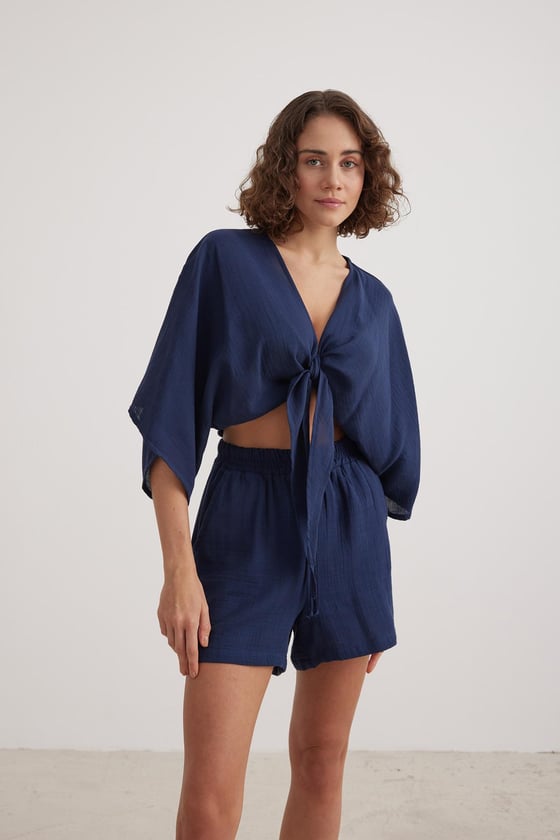 S28-1165*-LACİVERT-LLEVUREAlt GiyimKadın Müslin Beli Lastikli Şort LACİVERT