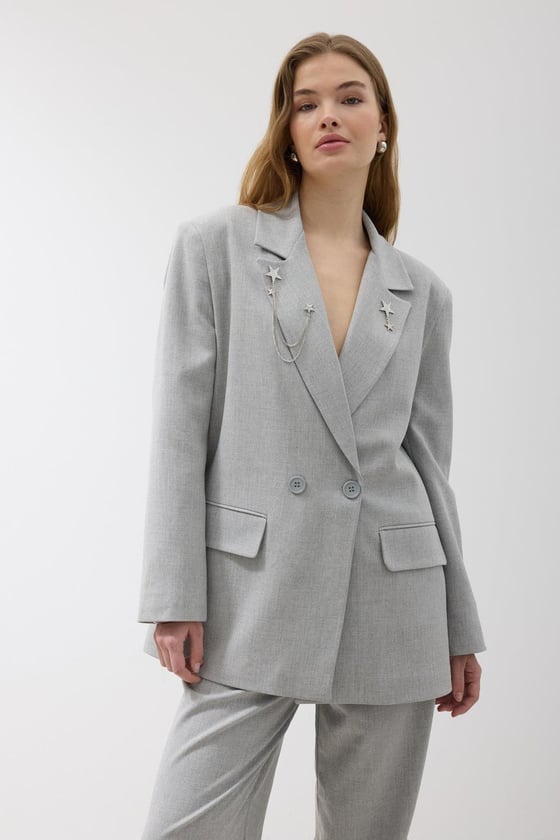 C28-5824-GRİ-LLEVUREDış GiyimKadın Omzu Vatkalı Düğmeli Blazer Ceket GRİ