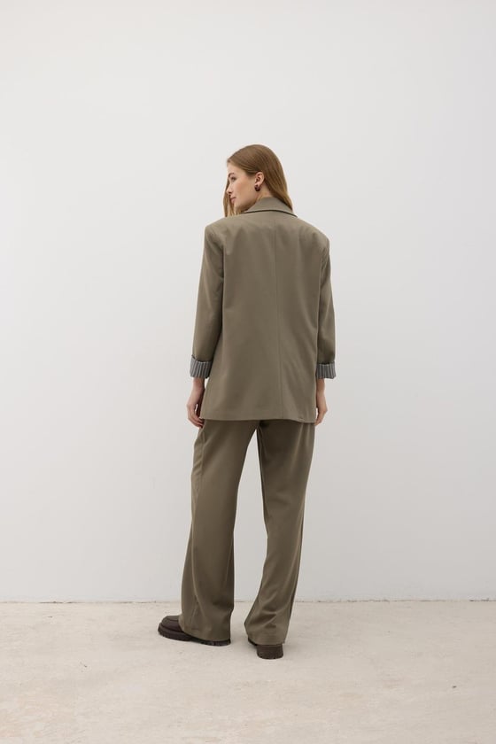 C28-5824-HAKİ-LLEVUREDış GiyimKadın Omzu Vatkalı Düğmeli Blazer Ceket HAKİ