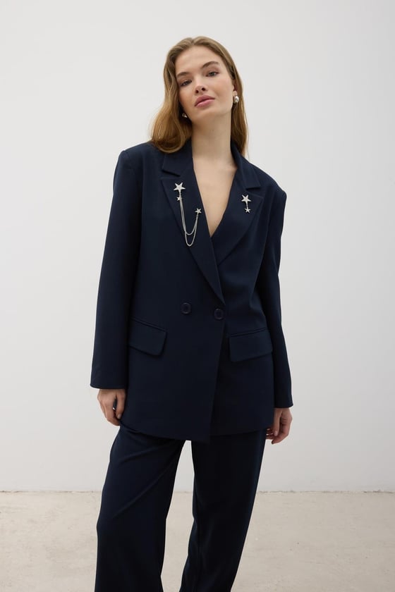 C28-5824-LACİVERT-LLEVUREDış GiyimKadın Omzu Vatkalı Düğmeli Blazer Ceket LACİVERT