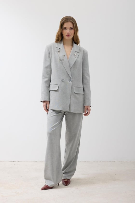 C28-5824-GRİ-LLEVUREDış GiyimKadın Omzu Vatkalı Düğmeli Blazer Ceket GRİ